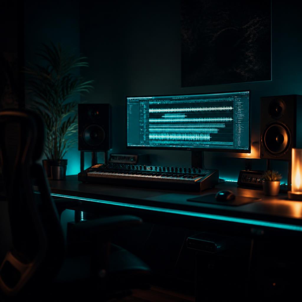 Moody recording studio at night lit by teal and cyan LED strips behind studio monitors and a MIDI keyboard