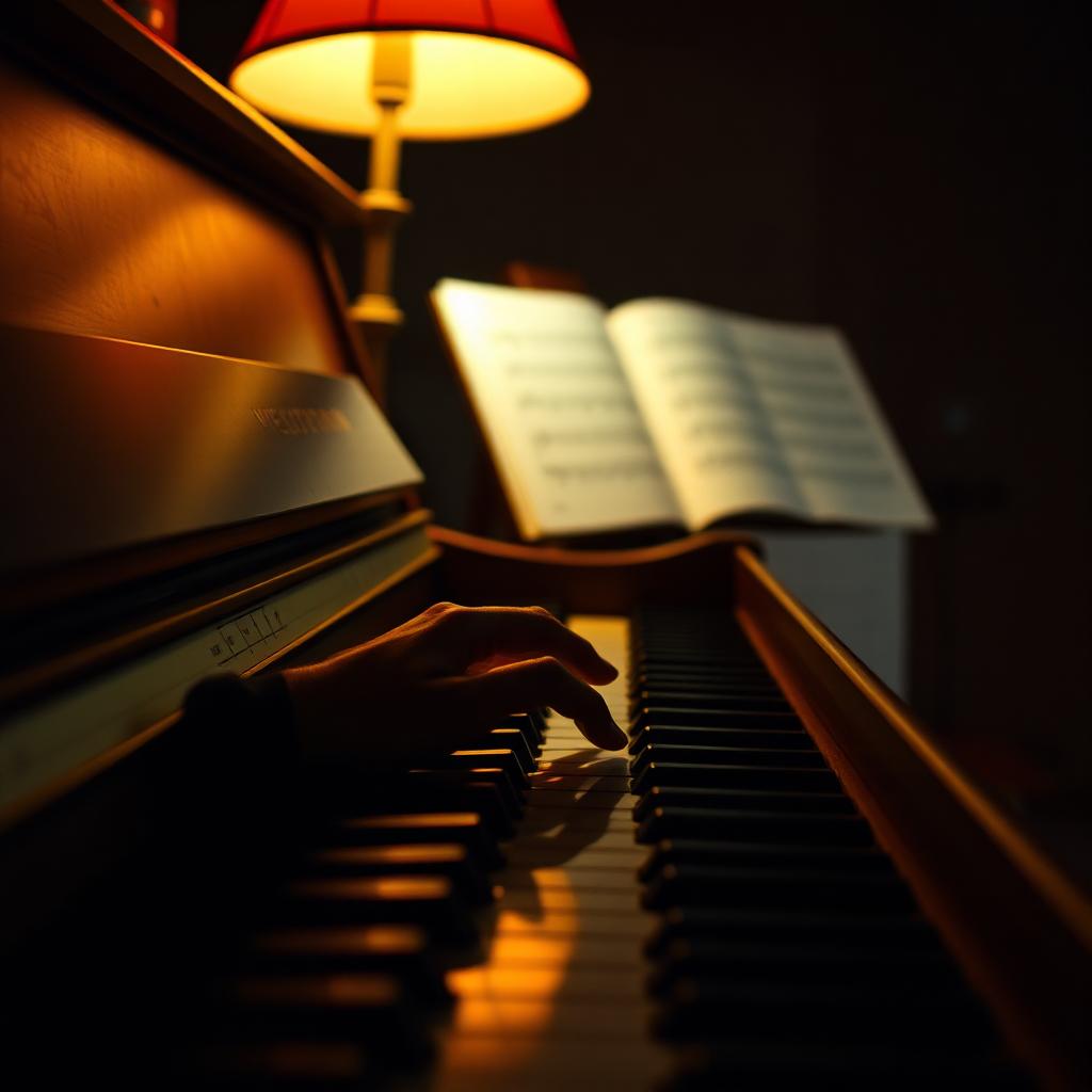 Hands demonstrating a chord on a piano under a warm lamp