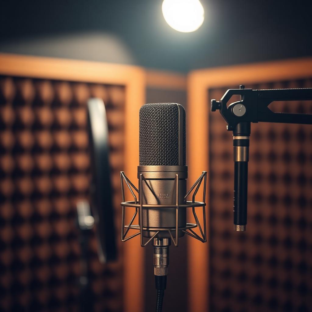 Vintage condenser microphone lit warmly in a recording booth